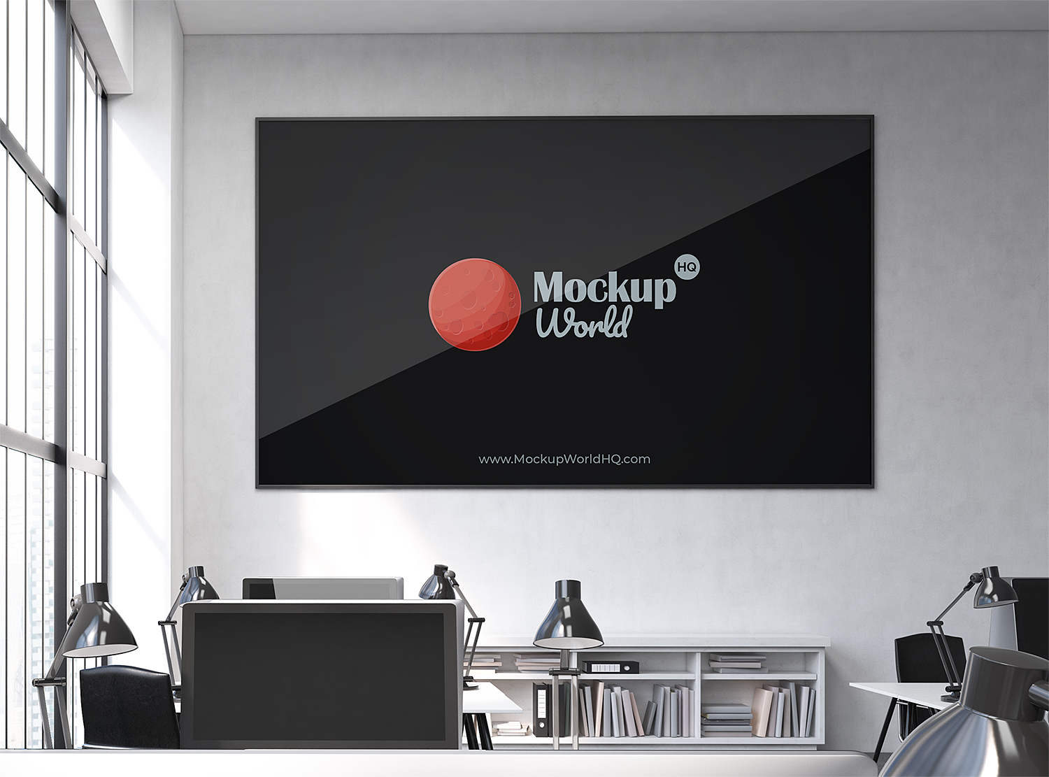 Free Office Interior with Big Horizontal Frame Mockup | Mockup World HQ